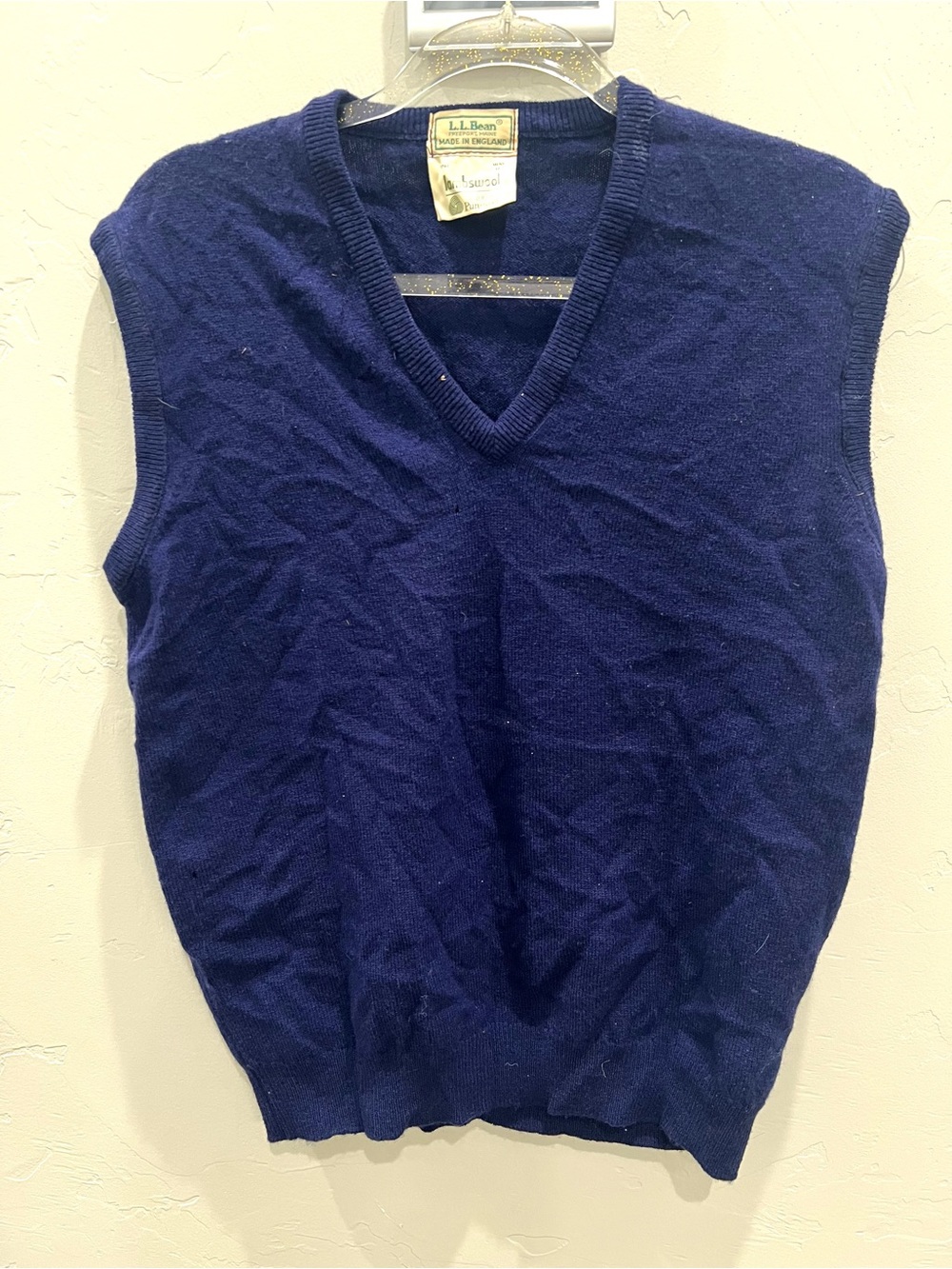 LL Bean Men's Lambswool V-Neck Navy Blue Sweater Vest Medium